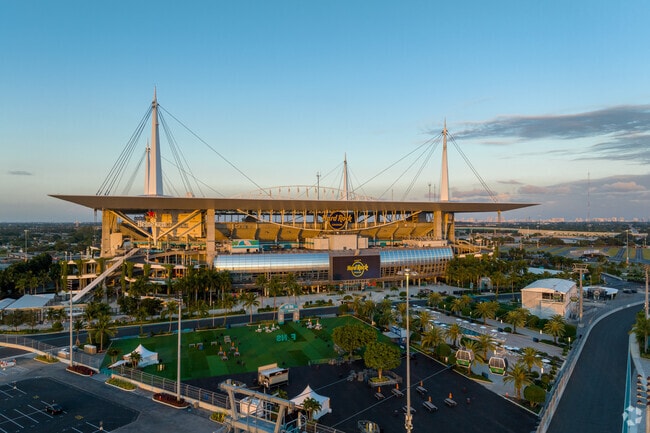 Sunset over Miami's Hard Rock Stadium where Dolphins play football.