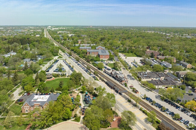 The view of downtown Glenview from above includes Jackman Park, residences, and the Metra.
