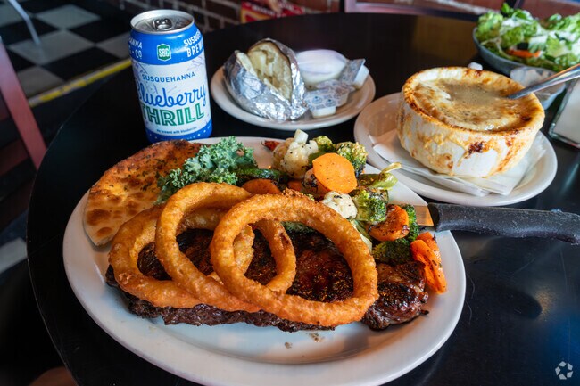 At Hops and Barley's in Luzerne, enjoy a NY Strip Steak, French Onion Soup and a cold beer.