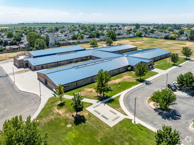Aerial context west at Lewis and Clark Elementary.