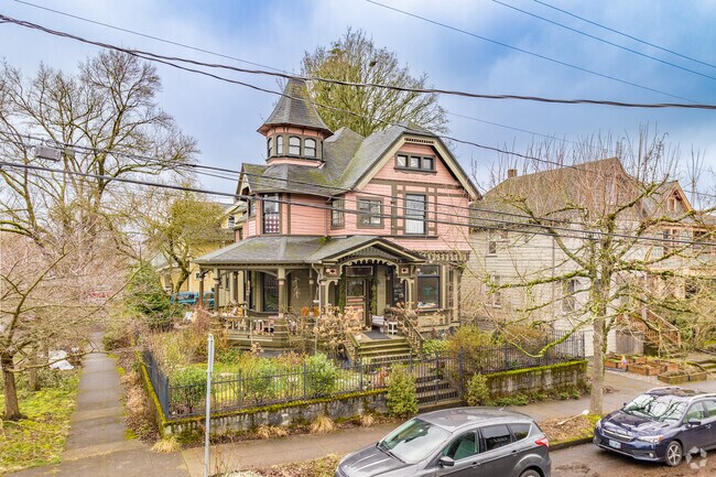 Pink house on the corner of a street in Buckman, Portland, Oregon.