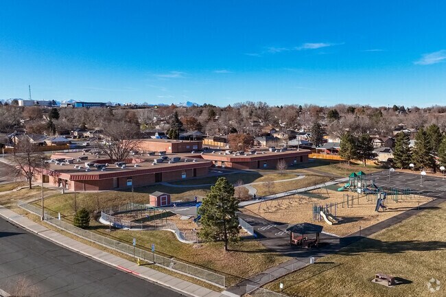 The main building and rear playground at Stukey Elementary School in Northglenn, Colorado.