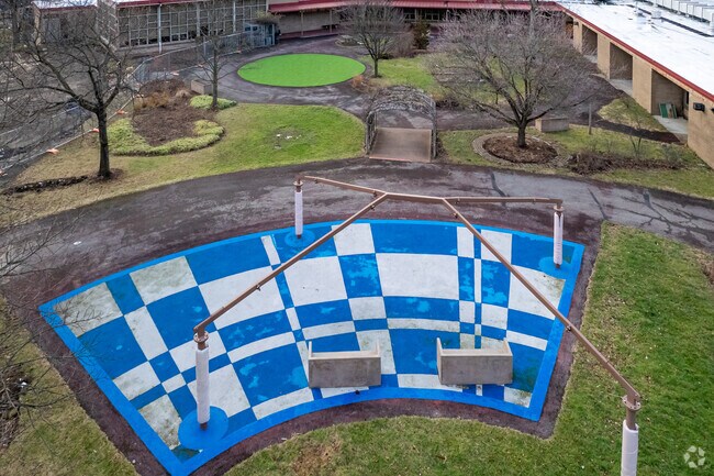 Students enjoy the outdoor courtyard at Pittsburgh Pioneer.