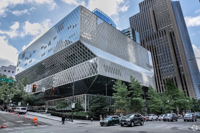 The iconic Seattle Public Library is located on 4th Avenue in Downtown Seattle.