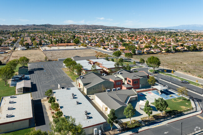A sprawling aerial view of the Sky View Elementary School campus in Perris.