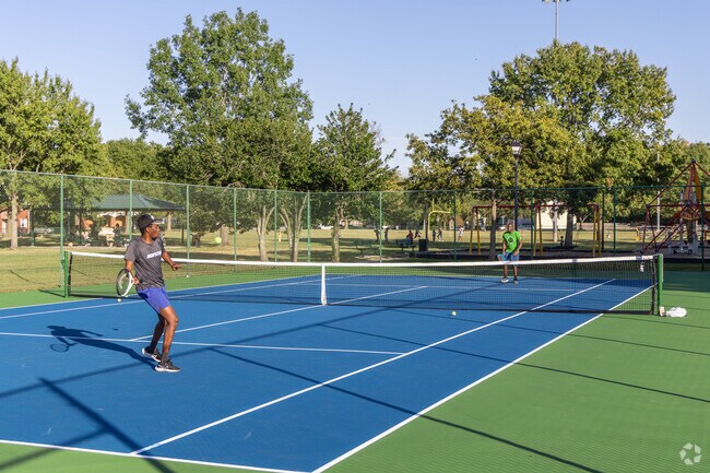 Huntersville Park has a football field, playground, and tennis courts.