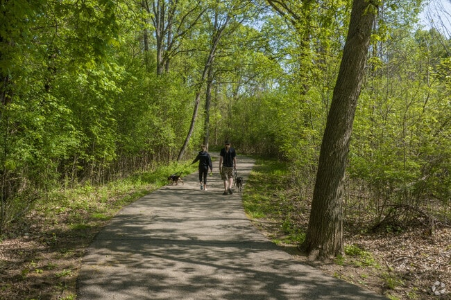 Walkways snake into shaded trails along   Hawk Meadow Park in Delta Township.