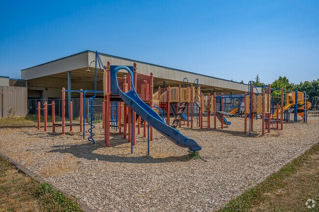 Colorful playgrounds at Elmonica Elementary School in Beaverton, Oregon.