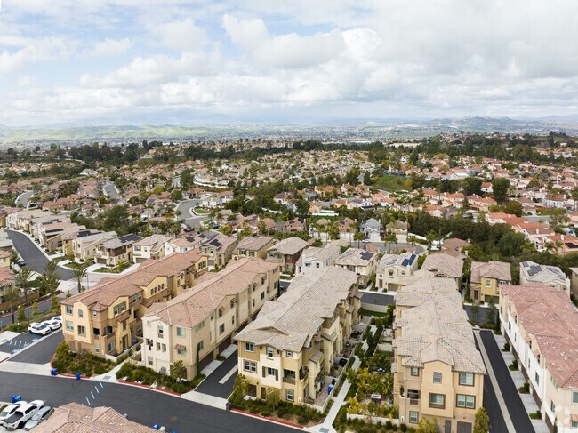 This birds eye view of Ivey Ranch-Rancho Del Oro over the Pacific Ridge community.