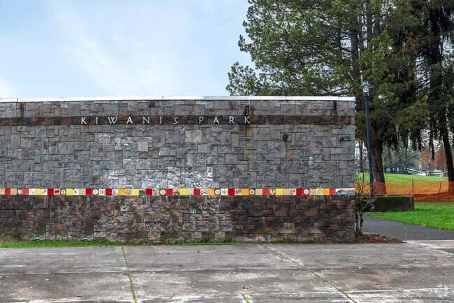 Signage welcomes visitors as they arrive at Kiwanis Park in Battle Ground.