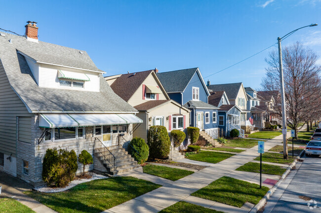 Whiting features many two story houses with well maintained front yards and side walks.