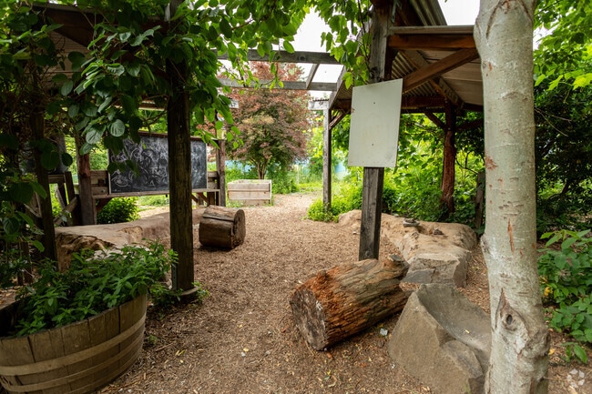A shaded outdoor classroom brings students closer to nature at the Sabin Elementary School.