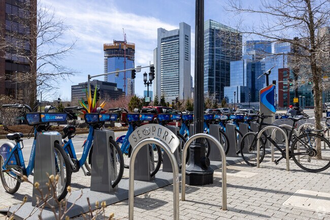 Blue Bikes are a popular option for getting around the Seaport neighborhood in a breeze.