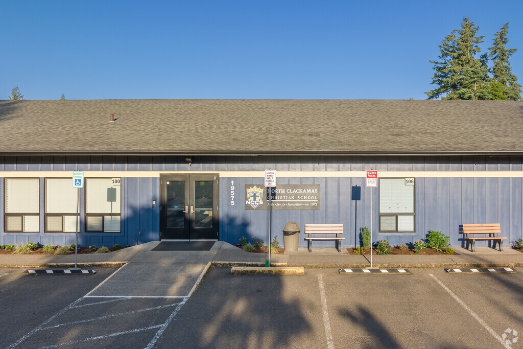 North Clackamas Christian School entrance and benches in the Gaffney Neighborhood.