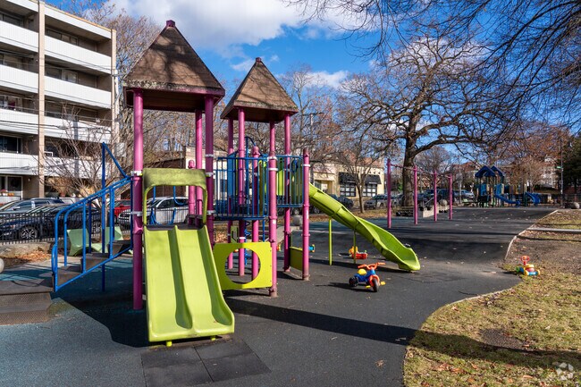 Shubow Park is a small green space with a playground and benches in St. Elizabeth's.