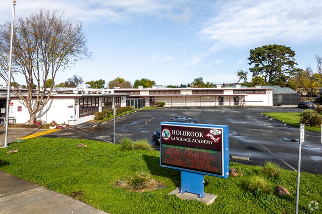 A view of the Holbrook Language Academy sign from the street.