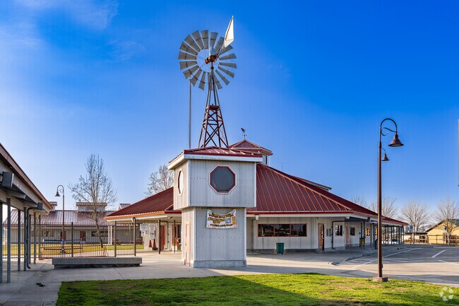 A large windmill is a greeting to students of Heritage Elementary School in Tulare.