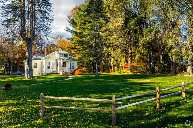 Single-story cottages in the neighborhood surrounded by trees.