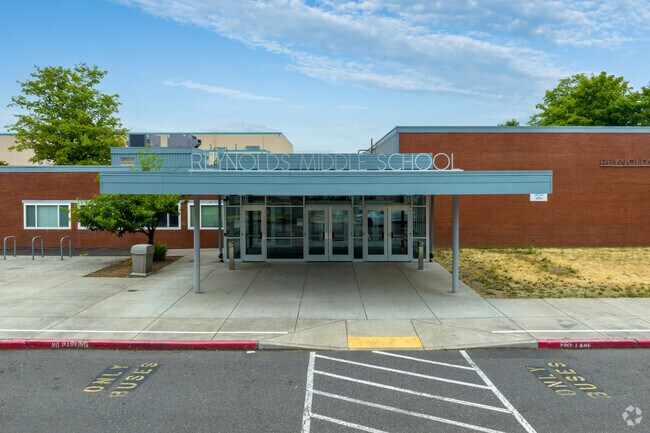 The main entrance welcomes students to Reynolds Middle School on NE 201st Ave in Fairview.