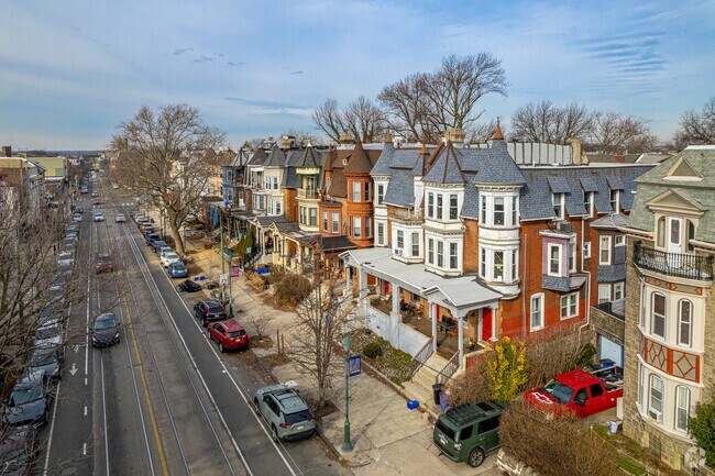 Wide sidewalks line the streets in the Cedar Park neighborhood.