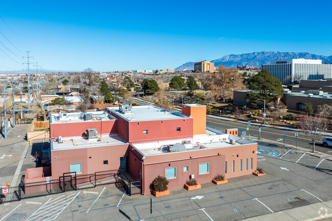 Albuquerque's ABQ Charter Academy with the Sanida Mountains in the background.