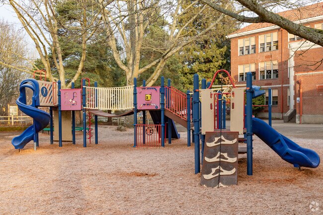 The playground of Sabin Elementary provides a playful retreat for its students.