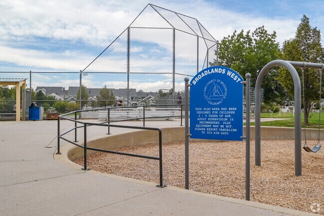 The sign and Baseball field at Broadlands West Park in Broomfield, Colorado.