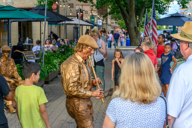 Visitors enjoy the antics of a living sculpture during a downtown festival near Westside.