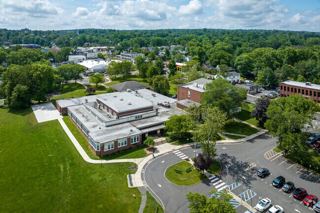 An elevated view of Washington School and its lush surrounds in Summit, NJ.
