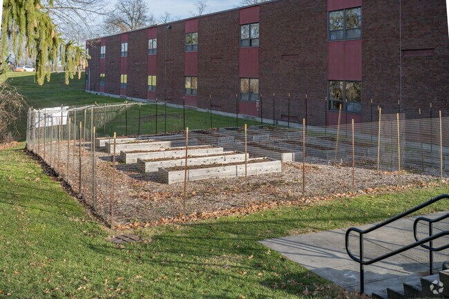 Raised garden boxes are used as a learning tool at Abraham Lincoln Elementary School.