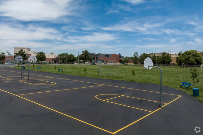 Basketball courts next to a green lawn at McMillan Elementary School.