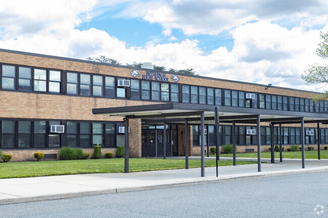 There is a side entrance to Bethpage Senior High School in Bethpage, NY.