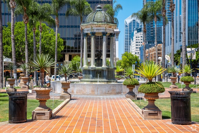 Horton Plaza is an ornate park featuring a fountain in Downtown San Diego.