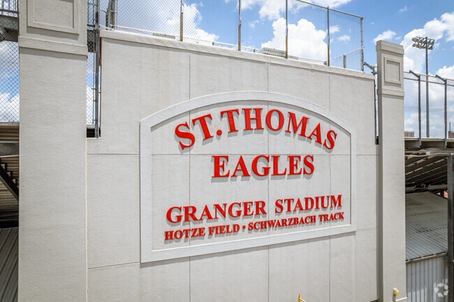 St Thomas High School football field signage in Memorial Heights.