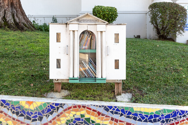 Sequoia Elementary School has a small free library matching its appearance.