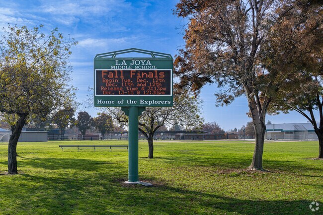 A large marquee greets students as they arrive at La Joya Middle School in Visalia.
