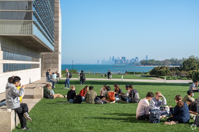 Students in Evanston sit out on the lawn overlooking Lake Michigan and the Chicago Skyline.