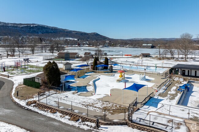 Bowline Point Park in Haverstraw features a spray park, swimming pool, boat launches, and fishing piers.