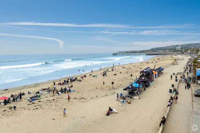 An elevated view of Pacific Beach shows just how busy the beach can get.