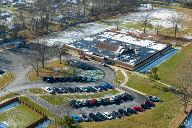 Aerial view of Surrarrer Elementary School dusted in snow in Strongsville.