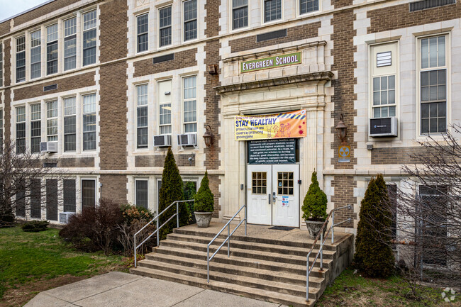 The main student entrance at Evergreen Elementary School, Plainfield, NJ.