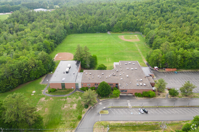 Aerial front view of Lake Region Middle School in Bridgton.