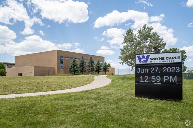 The school sign at Wayne Carle Middle School in Broomfield, Colorado.