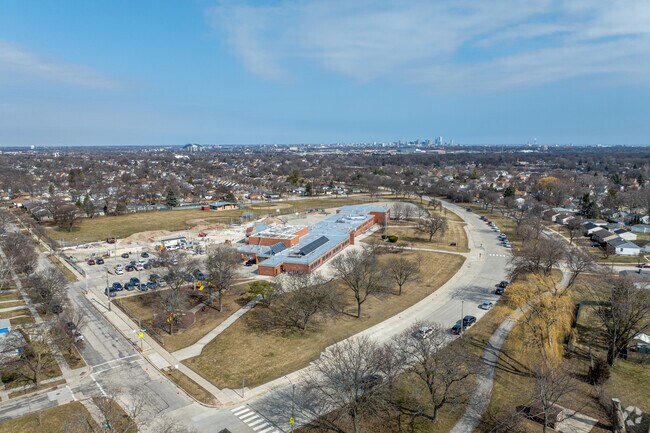 An aerial view of Fairview School with downtown Milwaukee in the distance.