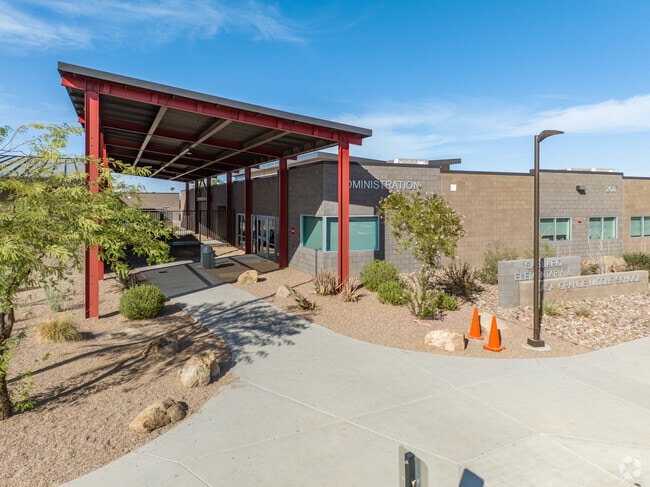 Desert landscaping adorns the entrance to Saguaro Elementary School.