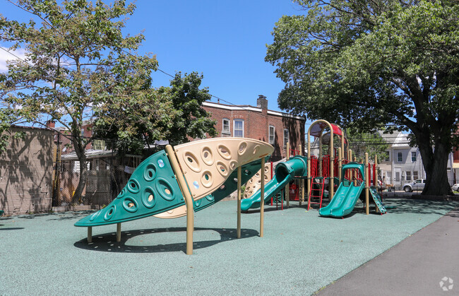 The playground at Harrison Elementary School features many unique play structures.