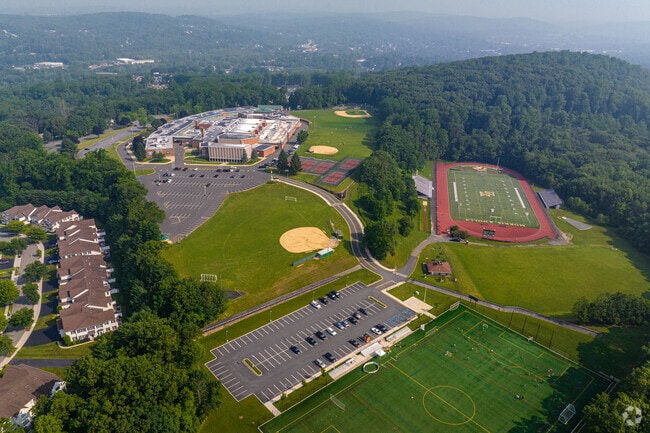 Aerial view of the campus of Morris Knolls High School.