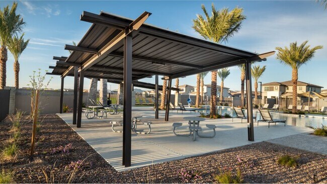 Shaded picnic tables