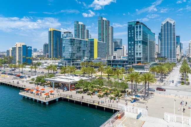 The embarcadero is San Diego's waterfront walkway and a major attraction for locals and tourists.