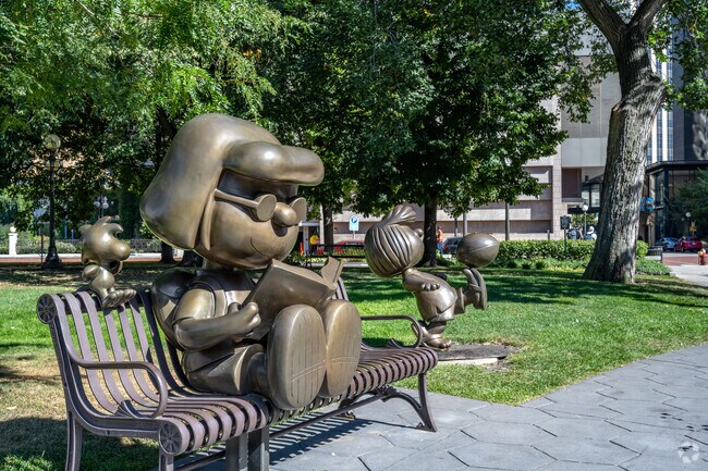 Statues of the Peanuts characters can be found throughout Rice Park.